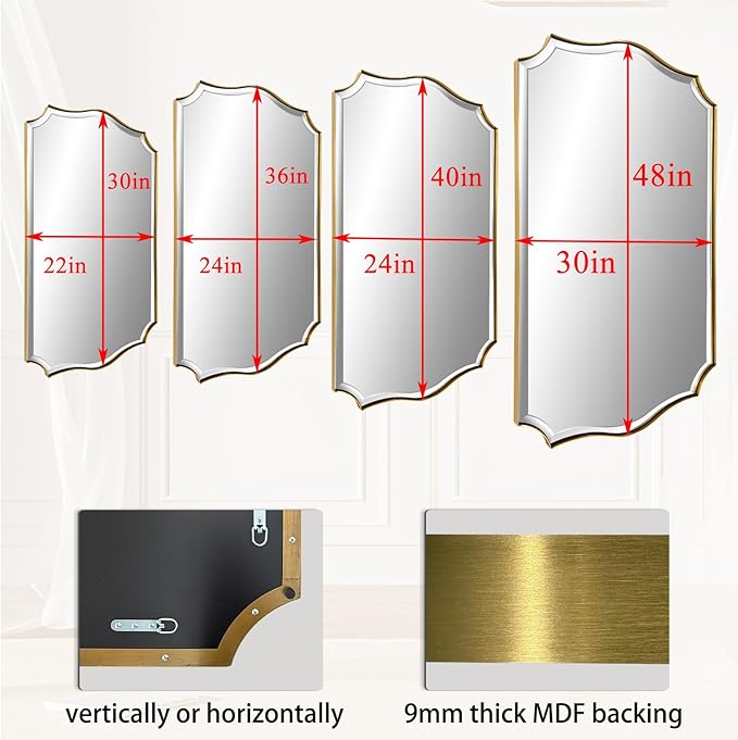 POZINO Brushed Gold Beveled Mirror, 24"x40" Scalloped Vanity Mirrors for Over Sink, Modern Irregular Wavy Bathroom Mirrors, Brass Rectangle Wall Mirror for Living Room Bedroom Fireplace Entryway