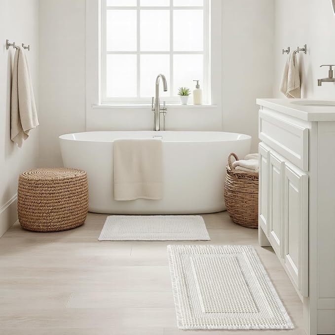 MIULEE Set of 2 Waffle Bathroom Rugs, Boho Bath Rug Super Absorbent, Non Slip Washable Ultra Soft Rubber Backed Shower Bath Mats for Floor, Tub, Shower, Looped Design, White, 17x24 Inch