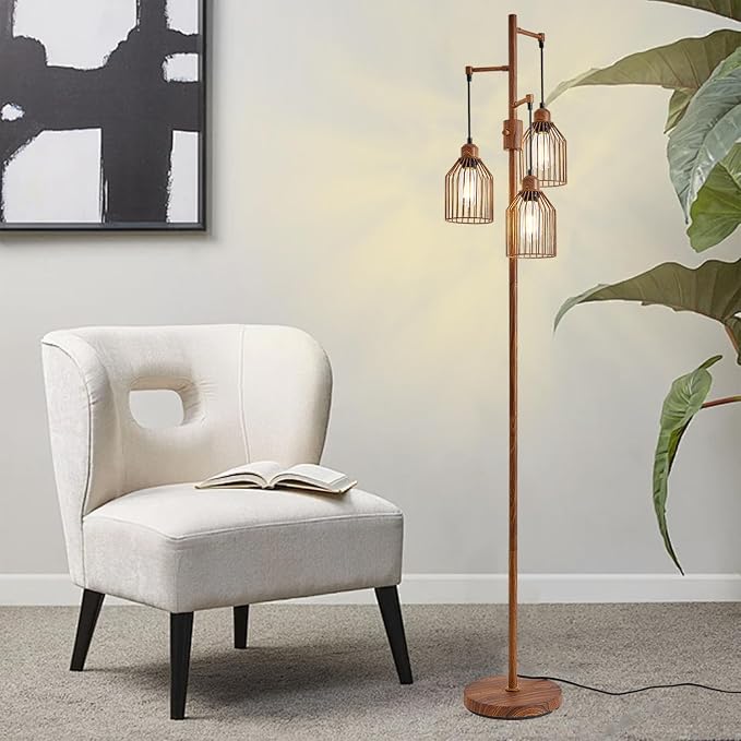 Dimmable Industrial Floor Lamp with 3 Cage Heads, Wood Grain Tree Standing Lamp with Stepless Dimming, Modern Farmhouse Tall Pole Light for Living Room, Bedroom, Office, E26 Base (Bulbs Included)