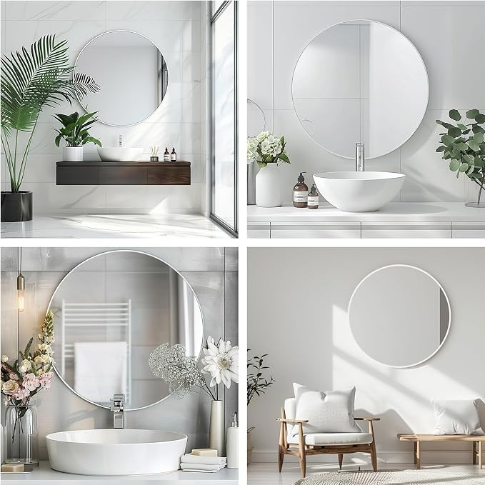 White Round Mirror, 20 Inch White Circle Mirror, Metal Frame Round Wall Mounted Mirrors for Bathroom, Living Room, Bedroom, Entryway, Vanity
