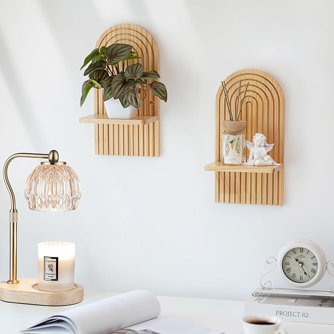 Boho Shelf Wall Decor - Bohemian Floating Shelves for Nursery Bedroom Living Room Aesthetic Hanging Shelf Modern Rainbow Wall Candle Holder (Natural)