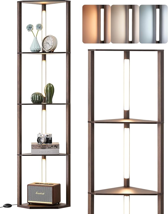 EDISHINE Dimmable LED Floor Lamp with Shelves, Corner Floor Lamps for Living Room, Corner Shelf with LED Light, 3CCT, Modern Standing Lamp, Floor Lamp for Bedroom, Office, Walnut