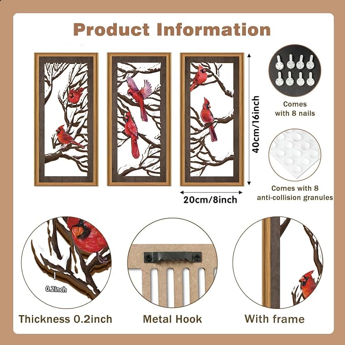 Ausril 3 Pcs Red Birds Wall Decor,Abstract Cardinal Wood Wall Art Bohemian Winter Xmas Hanging Decor Tree Branch Artwork Decoration for Farmhouse Bedroom Living Room 7.9 x15.8 Inch