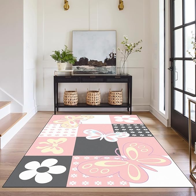 6'x9' Butterfly Area Rug Pink Butterfly Checkered Rugs for Bedroom Living Room Nursery Kitchen Playroom Home Decor Cute Flower Carpet Washable Non Slip Floor Mat