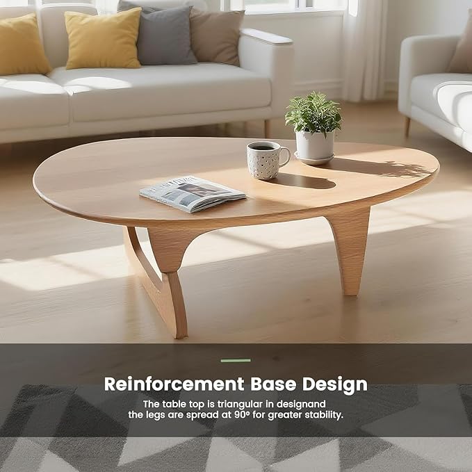 Solid Wooden Modern Triangle Coffee Table: Unique Funky Coffee Tables for Living Room, Oval Mid-Century Irregular Abstract Tea Tables for Patio Office Balcony Bedroom (Natural, 35" L x 24" W x 16" H)