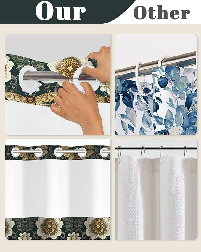 No Hook Shower Curtain with Snap in Liner Set - Vintage William Morris Floral & Bee Print Shower Curtains for Modern Farmhouse Bathroom, Waterproof Bath Tub Curtain with Mesh Top, 71Wx74H