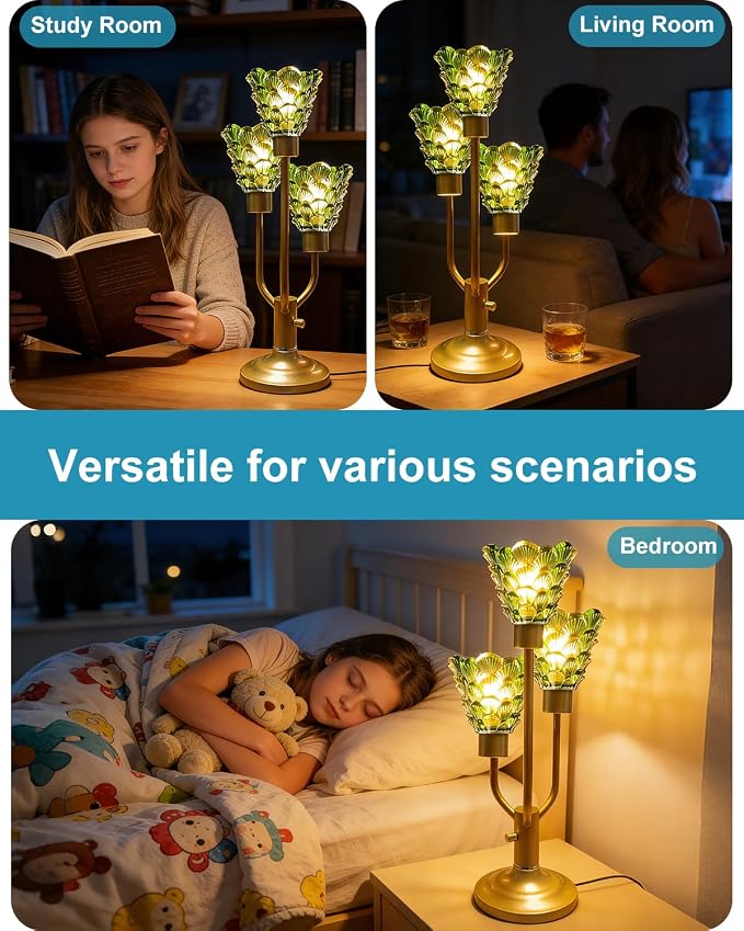 Lightdot Mid Century Modern Table Lamp for Bedroom Dimmable Nightstand Lamp Gold Vintage Desk Lamp Green Glass 3 Bulbs Included Warmwhite Ambient Bedside Lamp for Living Room Home Office Decor Gift