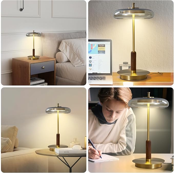 Brass Base Mushroom Table Lamp for Bedroom, Small Desk Lamp with Amber Glass Shade, LED Three Color Temperature Adjustable Brightness Modern Side Table Lighting (H 15.4 in)
