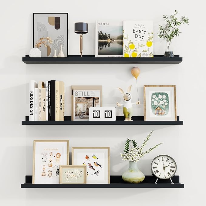 Axeman 36 Inch Floating Shelves | Black Picture Ledge Shelf Set of 3 | Rustic Wood Wall Shelves with Lip | 36" Black Picture Shelf for Wall with Ledge | Photo Shelves