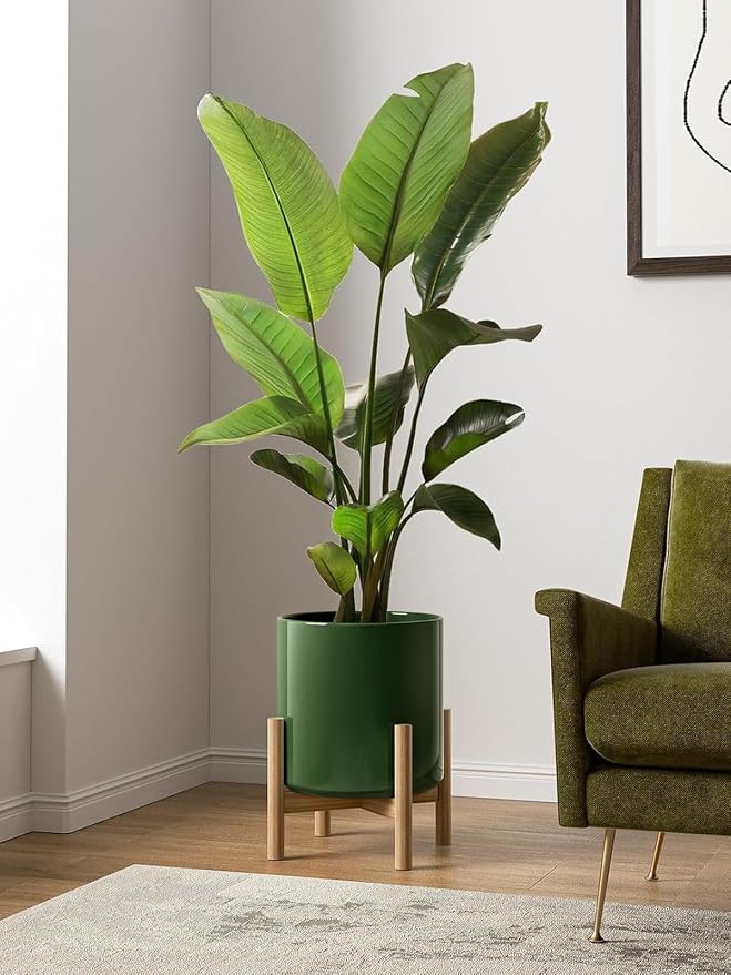 LE TAUCI 12 Inch Pot for Plants, Ceramic Planters for Indoor Plants, Mid-Century Modern Cylinder Flower Pots with Drainage Hole, Fits Fiddle Leaf Fig & Monstera, Home Decor, Bamboo Green