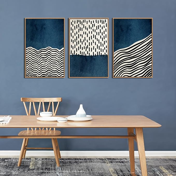 Framed Wall Art Canvas Set Mid Century Boho Picture Modern Abstract Geometric Lines Wall Decor Minimalist Black Indigo Canvas Painting Artwork Living Room Bedroom Home Office 16"x24"x3 Natural