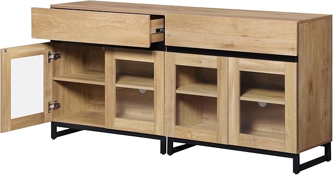 WAMPAT 4 in 1 Multifunctional Sideboard Buffet Cabinets with 8 Glass Doors and 4 Drawers, Modern Sideboard Credenza with and Metal Base, Coffee Bar Storage Cabinet for Living Room, Kitchen, Oak