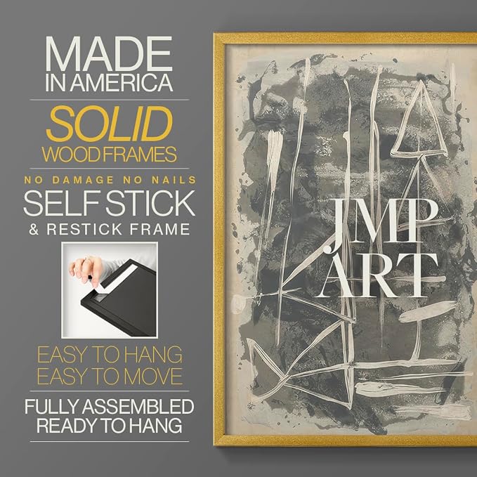 Renditions Gallery Set of 2 Peel & Stick Framed Prints, Trendy Abstract Wall Art, Textured Linework Striking Wall Decor, Re-Stickable - Ready to Hang - 22"x28" - GOLD Frame LT588