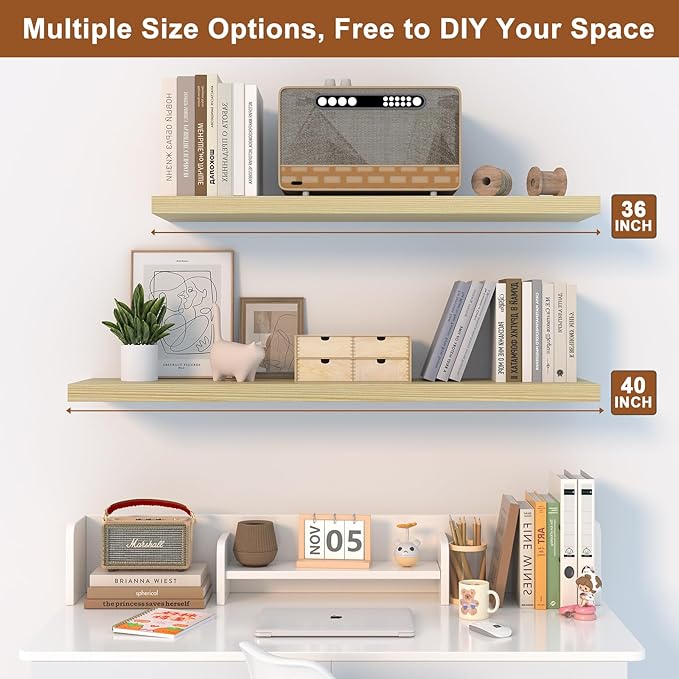 12 Inch Deep Floating Shelves, 36" W x 12" D Wood Floating Shelves for Wall, Large Storage Space Wall Mount Shelf with Invisible Brackets for Living Room Kitchen Bathroom, 1 Pack, Oak