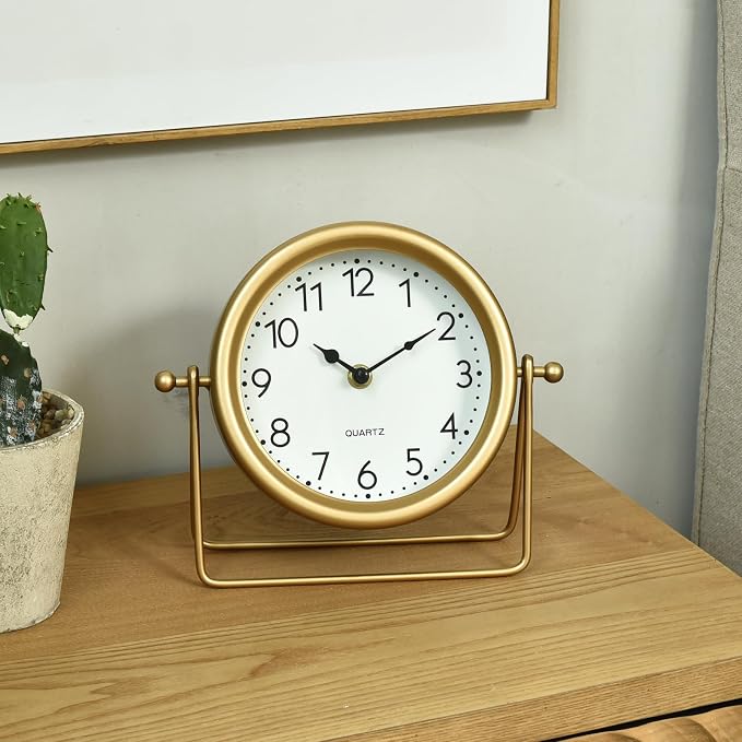 Small Gold Desk Clock – Classic Vintage Silent Non-Ticking Clock with Distressed Metal Frame, Decorative Shelf Decor for Office, Living Room or Bedroom