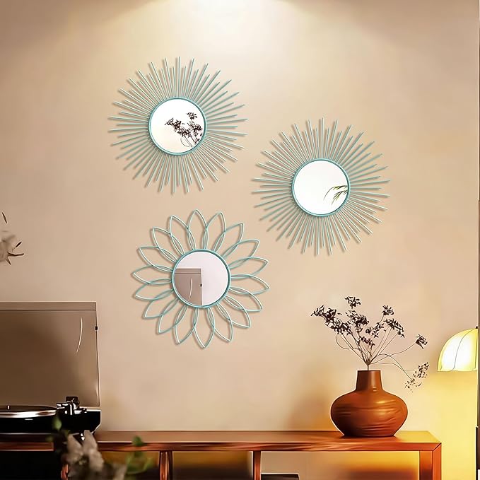 3 Pack Metal Mirrors for Wall Sunburst Wall Mirrors Home Décor Decorative Hanging Wall Art for Living Room Bedroom Entryway (Blue, Flower+Sunburst)
