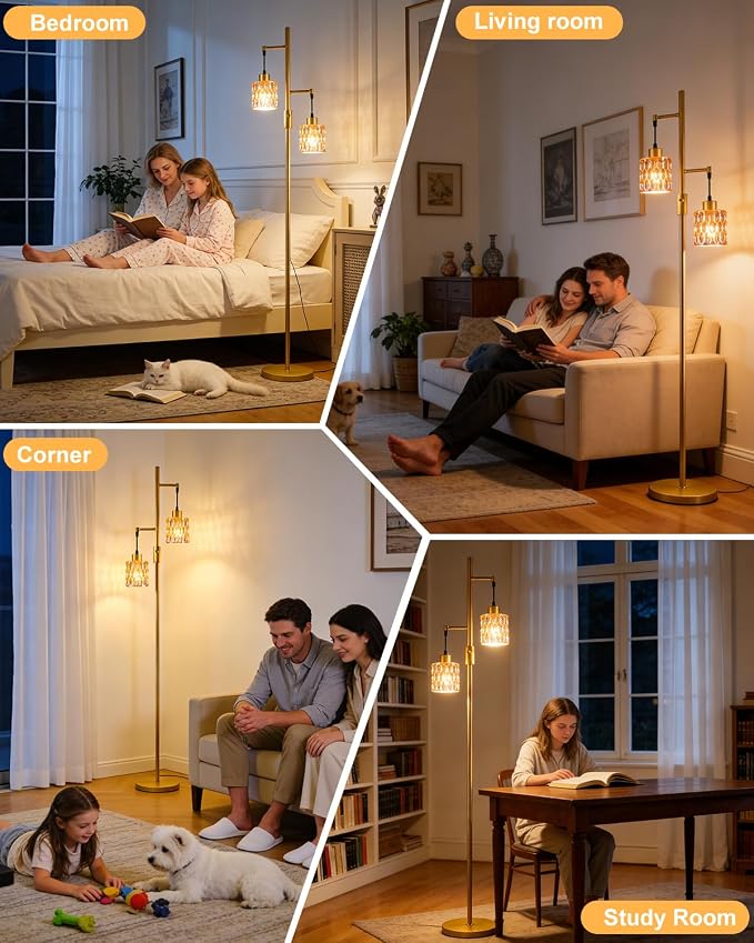 2-Light Glass Floor Lamp, 65IN Tall Standing Lamps Dimmable with Amber Glass Lampshade, 3000K Warmwhite Mid Century Modern Floor Lamp with 5Lbs Heavy Base for Living Room/Bedroom