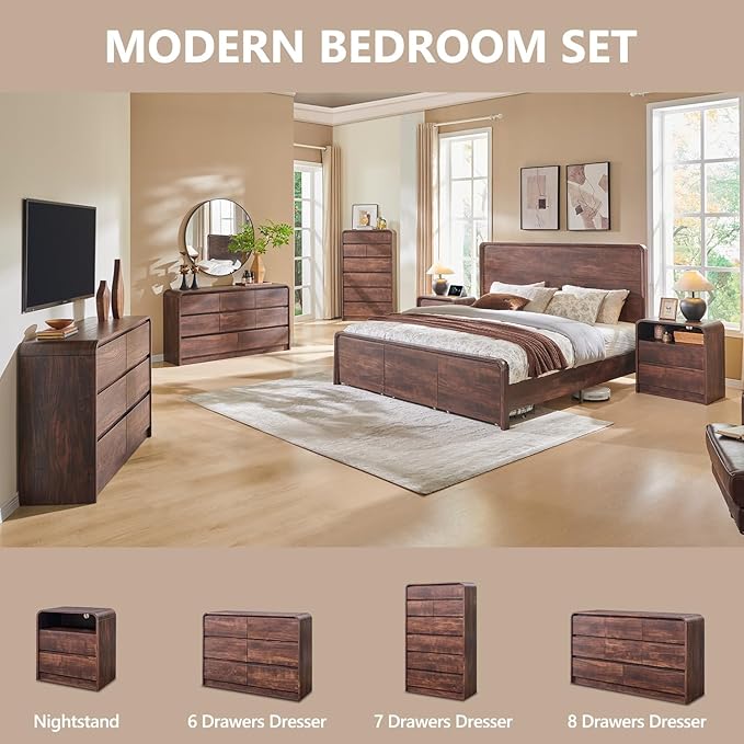 Modern 7 Drawers Dresser for Bedroom, 55" Tall Dressers & Chest of Drawers w/Curved Profile Design, Wood Mid Century Vertical Storage Dressers Organizer for Bedroom, Living Room, Brown