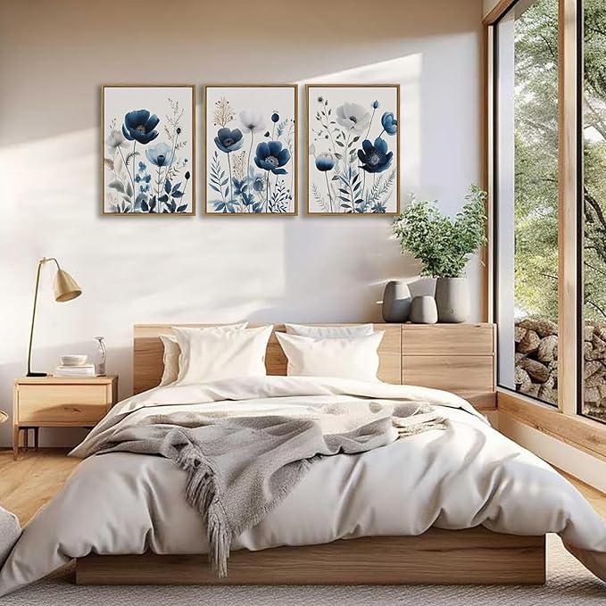 BingruiArt Navy Blue Wall Art Canvas Abstract Floral Painting Blue and Gray Posters Watercolor Flower Decor Wildflower Pictures Botanical Prints for Living Room Bedroom Bathroom 3 Pcs 16"x24" Natural Framed
