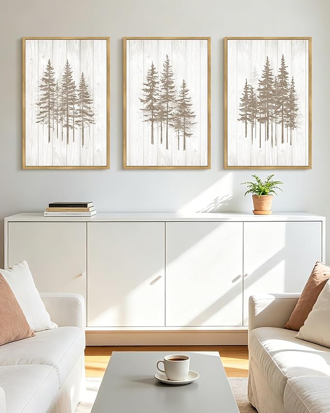 KUVIOKE Foggy Misty Pine Tree Framed Wall Art Watercolor Nature Abstract Forests Wall Decor Rustic Minimalist Painting for Bedroom Dining Room 16x24in (Natural Framed)