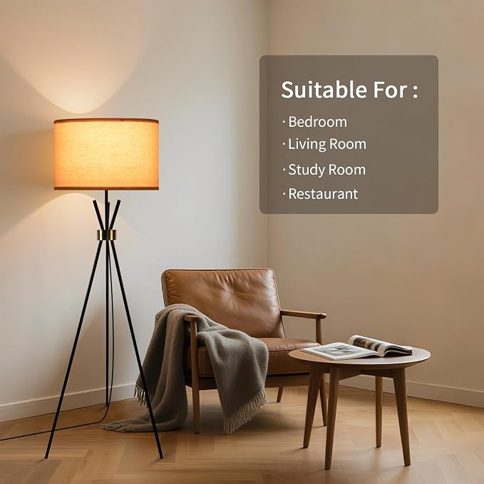 Tripod Lamps for Living Room, Mid Century Floor Lamp with Beige Drum Shade, Standing Lamps for Living Room, Bedroom, Office(Bulb Not Included)