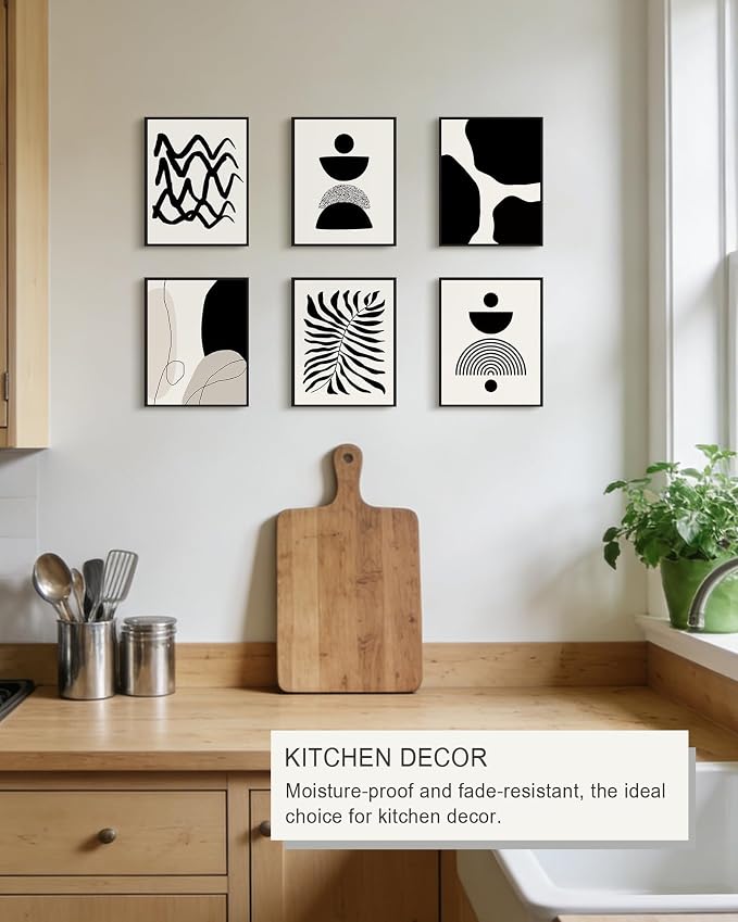 Drsoum Abstract Boho Wall Art Minimalist Geometric Framed Boho Room Decor Black Line Art Mid Century Modern Prints Bohemian Living Room Bedroom Ready to Hang 8x10inx6pcs (Black Framed)