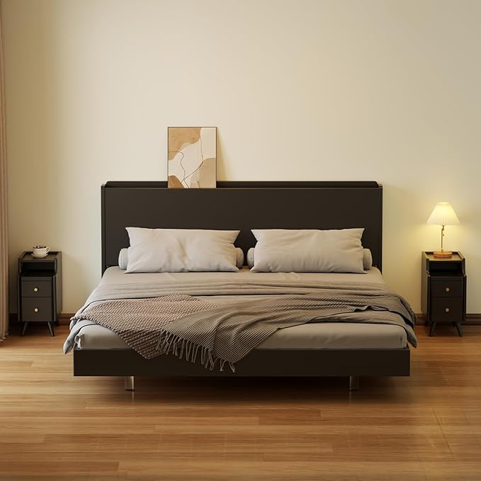 AQIMUELE Small Nightstand with Drawers, Solid Wood Bedside Table, Narrow Walnut Nightstand for Bedroom