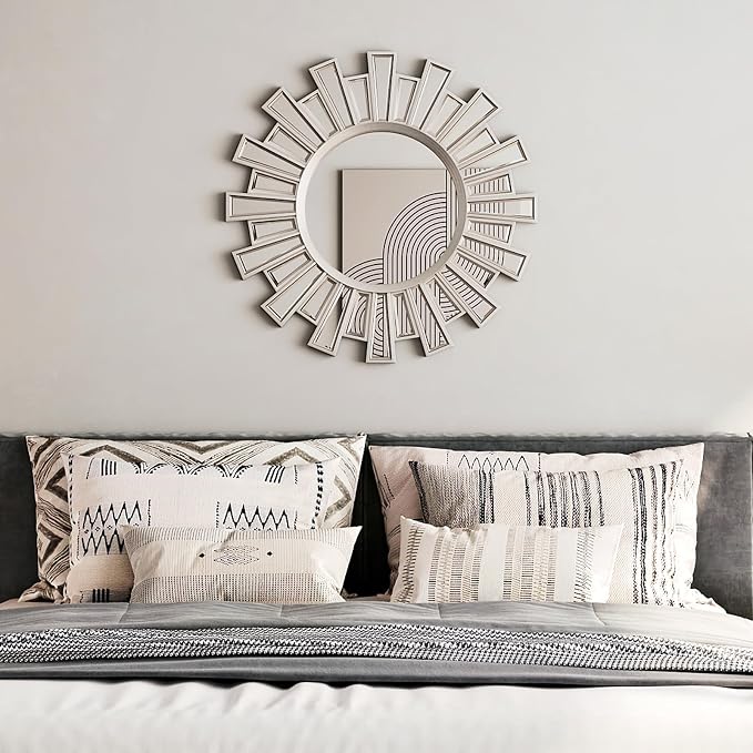 Round Sunburst Decor Mirror - 24" Silver Wall Art Mirror with Metal Frame, Starburst Wall Decorative for Entryway, Bedroom, Fireplace, Living Room