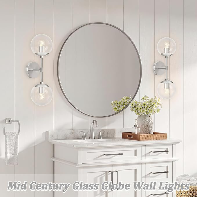 KoKo&Yukina Nickel 2 Pack Vanity Light Fixtures Mid Century Modern Bathroom Vanity Light Globe Sconce with Clear Glass for Bathroom Bedroom