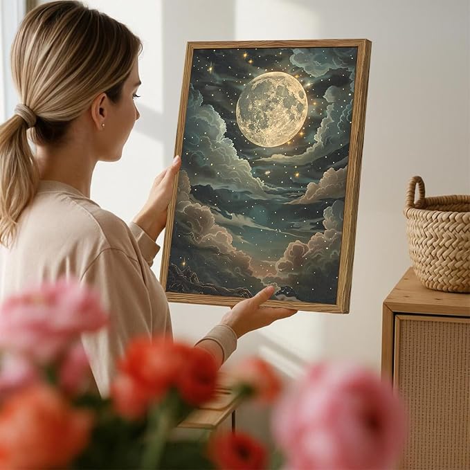 Dark Mystical Moon Wall Art Vintage Cottagecore Celestial Wall Decor Picture Moody Night Cloud Sky and Star Poster Canvas prints for Living Room Bedroom 16x24 inch Wood Framed