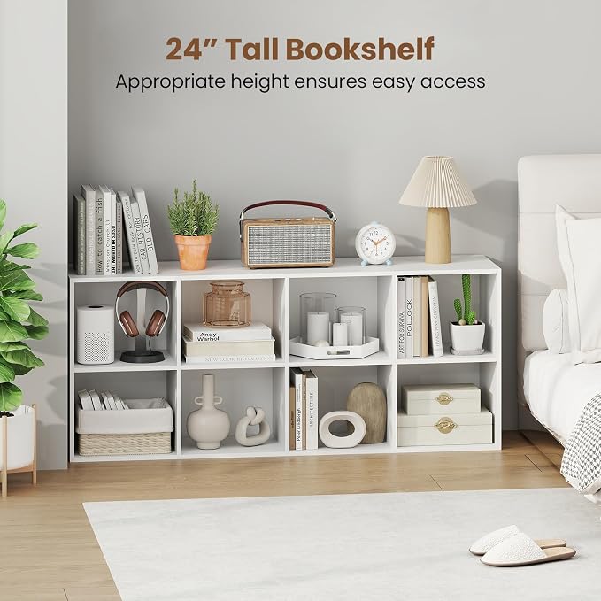 DREAMADE 8 Cube Storage Organizer, 2 Tier Multipurpose Display Shelf w/Open Storage & 2 Anti-Tipping Kits, 8-Cube Wooden Bookcase for Living Room, Bedroom, Study, Home, Office (White)