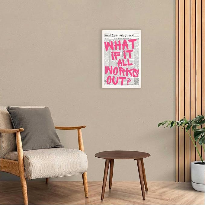 Drimiler Retro Newspaper Pink Font Poster What If It All Works Out Canvas Wall Art Positive Affirming Quote Minimalist Prints Painting For Home Bedroom Dorm Wall Decor 8x12in Wframed