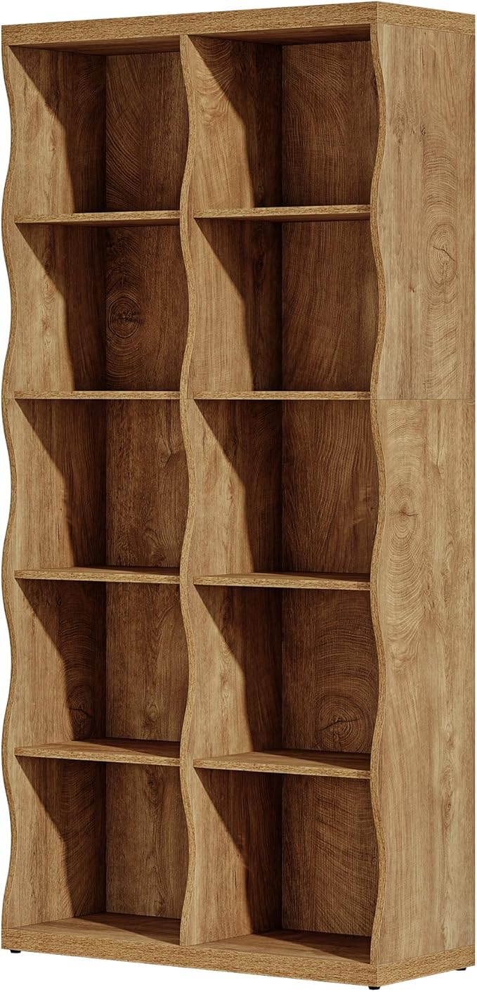 Tribesigns 70.86" Wooden 10 Cubes Bookcase, 5-Tier Tall Floor Standing Bookshelf with Wave-Shaped Design, Rustic Display Storage Organizer with Open Shelves for Living Room, Home Office, Bedroom (1)