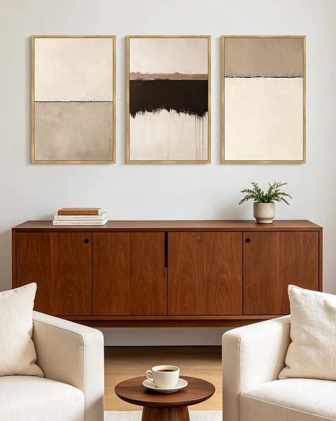 KUVIOKE Abstract Framed Canvas Wall Art Minimalist Beige Gray Pastel Watercolor Wall Decor Modern Illustration Neutral Art Painting for Bedroom Dining Room 16x24in (Natural Framed)