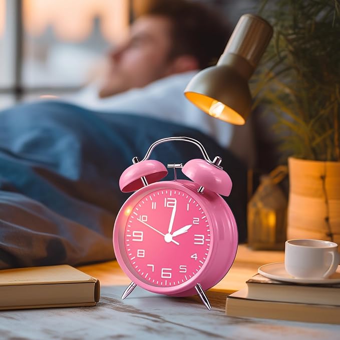 pxy Loud Alarm Clock for Heavy Sleepers 3D Dial Battery Operated (Battery Include), 4" Super Silent Analog Alarm Clock for Kids with Night Light PT260 Silver OrangePT505 Pink