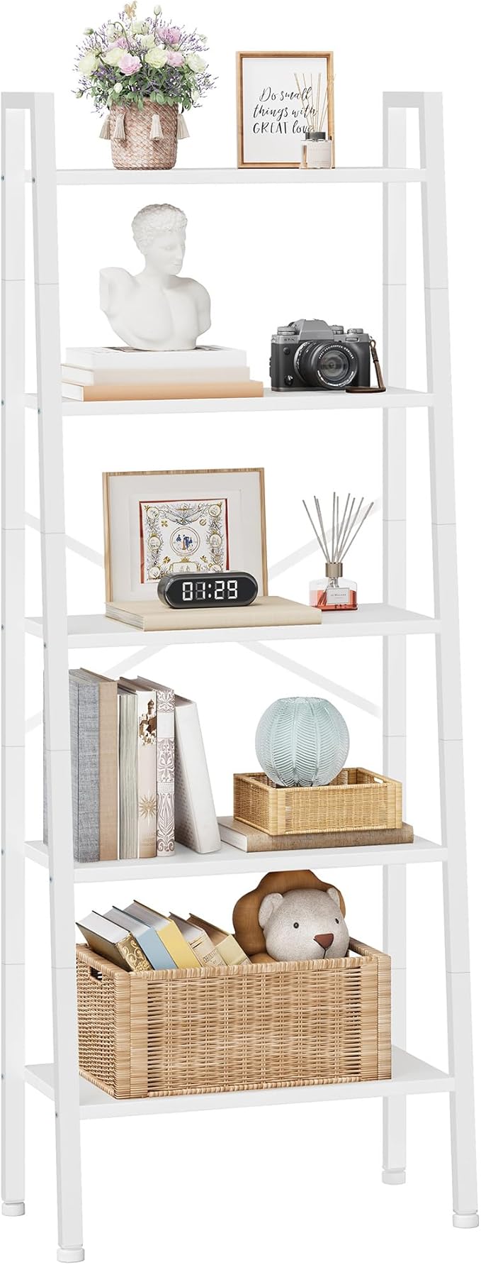 Hoctieon 5-Tier Industrial Ladder Bookshelf, Narrow Ladder Shelf, Tall Standing Bookshelf, Skinny Open Ladder Shelf, for Living Room, Home Office, Kitchen, Bedroom, Metal Frame, White