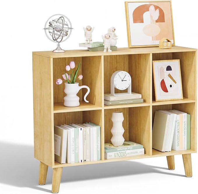 6 Cube Storage Organizer with Legs, 2 Tier Cube Low Horizontal Bookcase Freestanding Storage Display Organizer for Home Office, Six-Cubes Unit Open Shelf Bookshelf (Natural Oak,6 Cube)