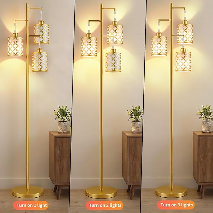 Dimmable Floor Lamp, Farmhouse Standing Lamp with Elegant Metal Cage, Industrial Tall Tree Floor Lamps for Living Room, Bedroom, Study Room, Office, 3 x 800LM LED Bulbs Included, 72", Gold