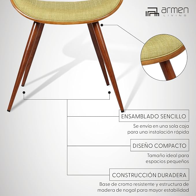 Armen Living Butterfly Mid-Century Dining Chair in Walnut Finish and Green Fabric - Set of 2