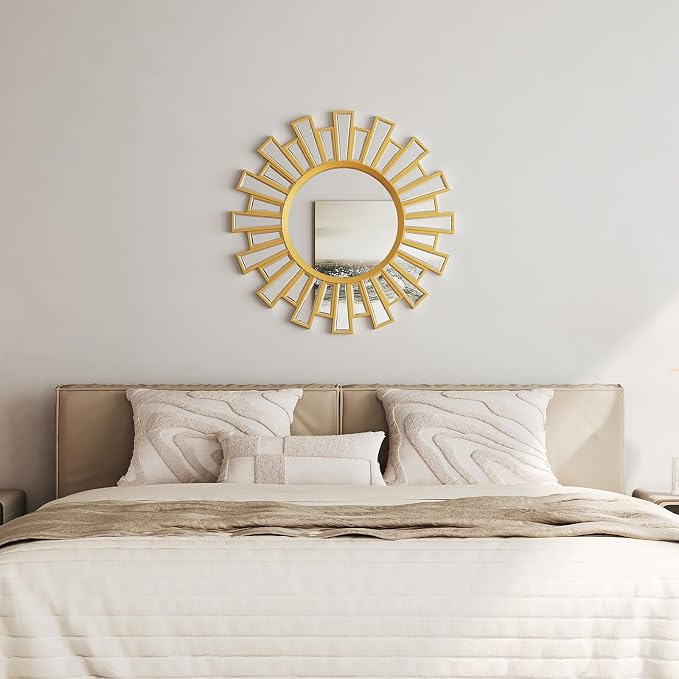 24"x24" Round Wall Decor Mirror, Gold Sunburst Mirror, Wall Art with Metal Frame for Entryway, Bathroom, Vanity, Living Room