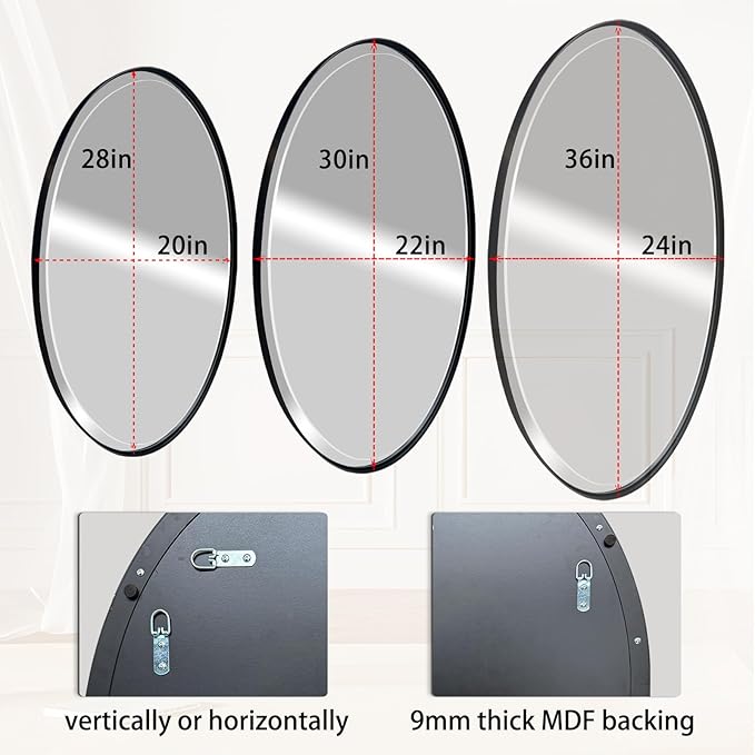 POZINO Oval Beveled Mirror, 24"x36" Bathroom Vanity Mirror for Over Sink, Matte Black Modern Rounded Wall Mirror for Living Room Entryway Bedroom Hallway Fireplace, Hangs Horizontal Or Vertical