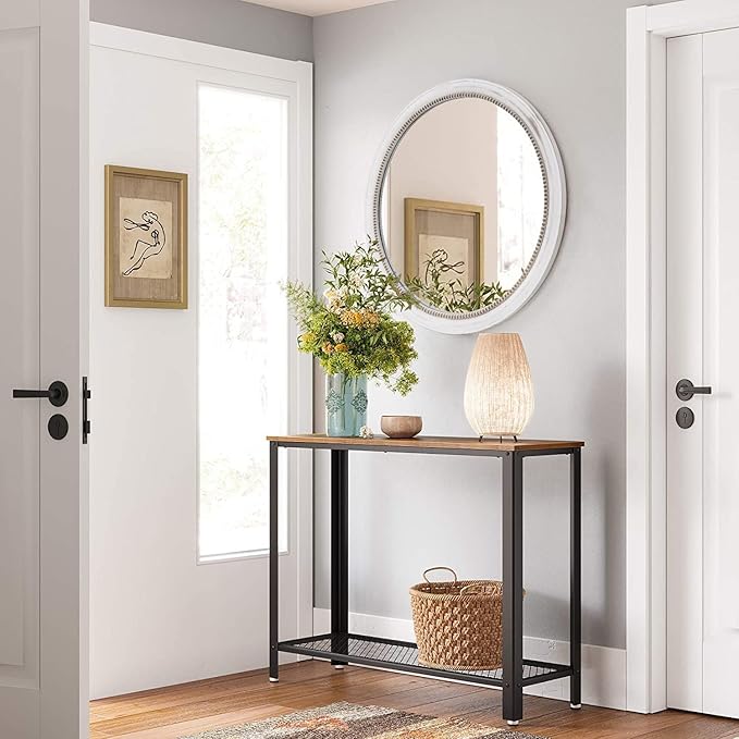 Rustic Farmhouse Mirror,32" White Natural Wooden Circle Wall Mirror,Round Decorative Wall Hanging Mirror with Beads for Bedroom, Living Room or Entryway