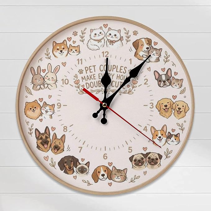 Adorable Animal Pairs Silent Non-Ticking Wooden Wall Clock 10/12 inch, Frameless Cute Pet Couples Design for Kids Room, Bedroom, Kitchen, Office, Battery Operated Home Decor Gift