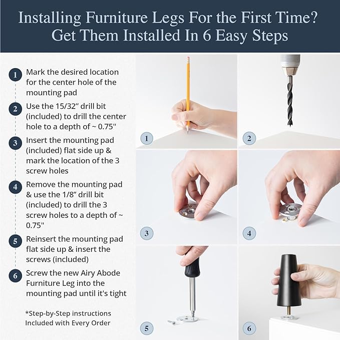 Airy Abode Premium Black Wood Furniture Legs (Full Install Kit) - Pick Your Size and Color