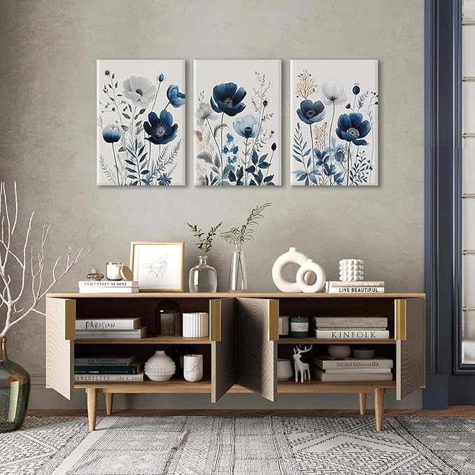 BingruiArt Navy Blue Canvas Wall Art Blue and Gray Boho Flower Wall Decor Floral Watercolor Art Prints Pictures Painting for Living Room Bedroom Bathroom 3Pcs 16x24in Framed