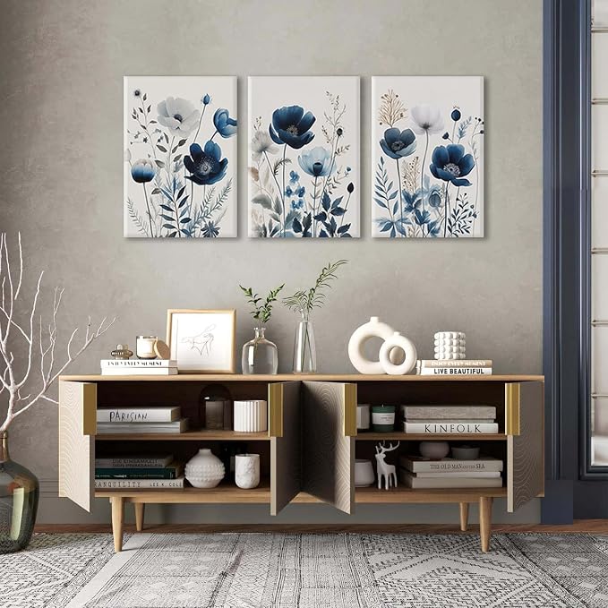 BingruiArt Navy Blue Canvas Wall Art Blue and Gray Boho Flower Wall Decor Floral Watercolor Art Prints Pictures Painting for Living Room Bedroom Bathroom 3Pcs 16x24in Framed