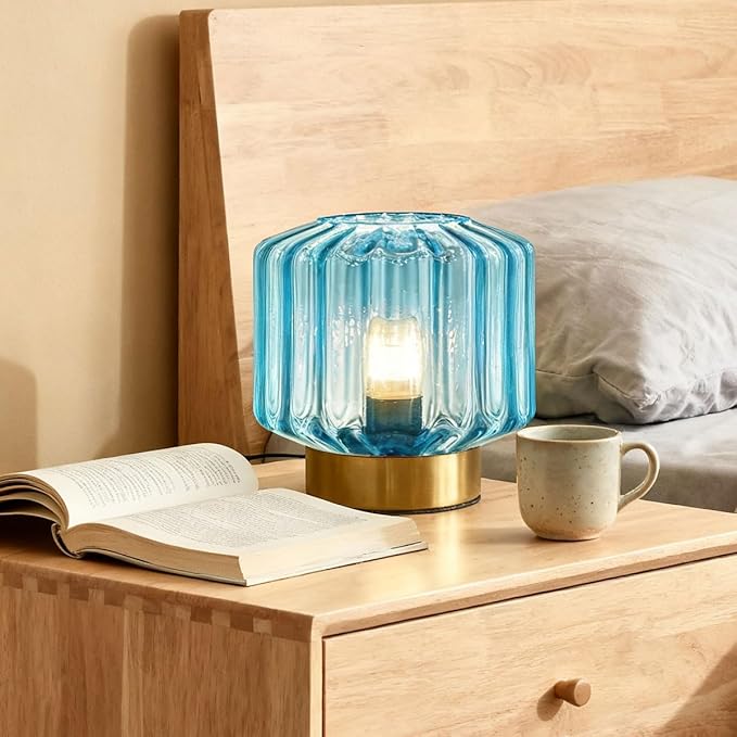 Mid Century Modern Table lamp Small Table Lamps with Touch Metal Base and Blue Glass Shade Vintage Gold Desk lamp nightstand lamp Bedside Table lamp for Bedroom Living Room Office