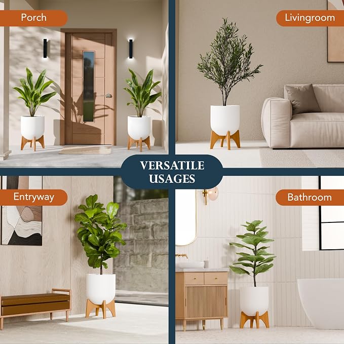 KUTE NEST 11.5" H x 17.9" W Acacia Solid Wood Plant Stand, Mid Century Plant Holder for Outdoor & Indoor Use, Ideal for Corso & Arco Planter, Golden Finish for Modern Home (Golden Teak, Low - Medium)