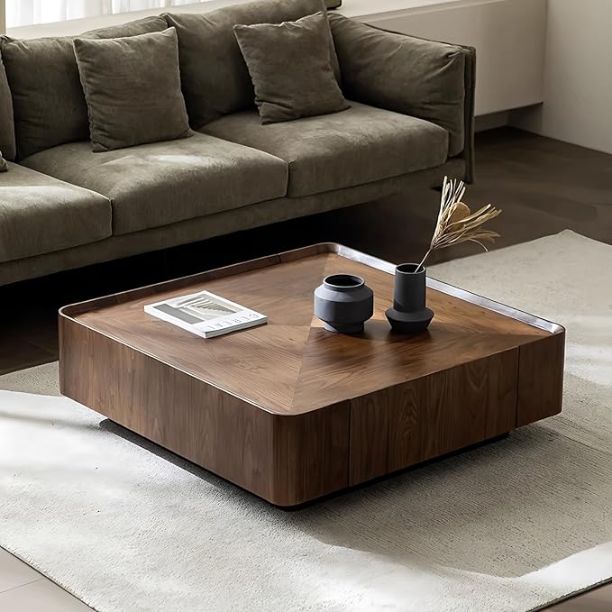 35.43" Luxury Walnut Wood Square Coffee Table with Large Hidden Storage, Expandable Tabletop Center Table for Living Room, Modern Accent Table with Drawers