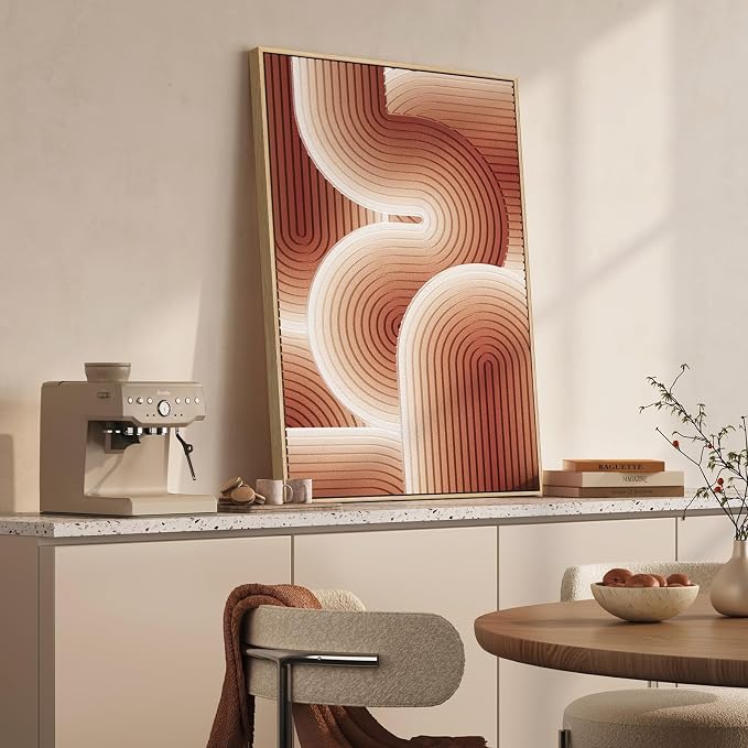 3D Textured Framed Boho Abstract Wall Art, Modern Terracotta Carved Geometric Paintings Artwork for Walls, Minimalist Wavy Line Pictures for Living Room Bedroom Dining Room Hallway Wall Decor 24x36 In